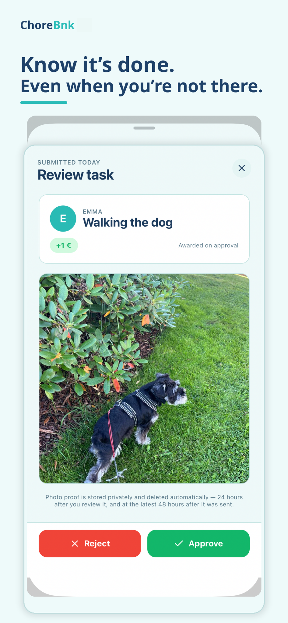 ChoreBnk parent review screen with optional photo proof