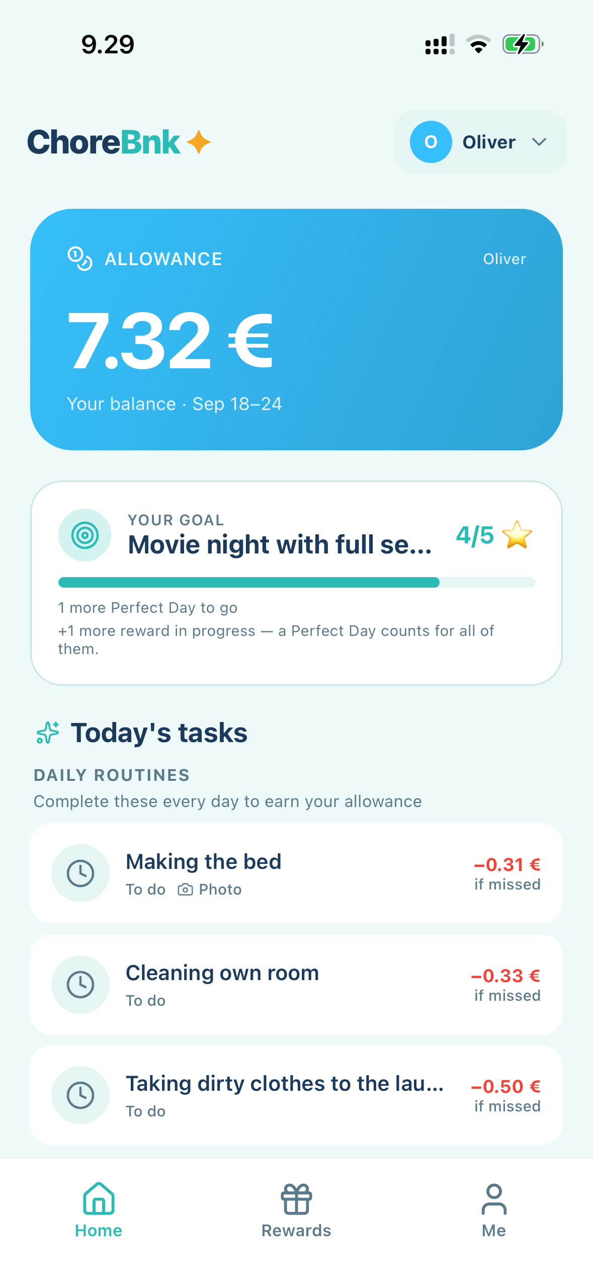 ChoreBnk child home screen showing an allowance balance and daily routines with amounts deducted if missed